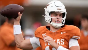 Texas second-string quarterback Arch Manning negotiated with EA Sports and is now in the new College Football 25 game that's released on Tuesday. He also has an unbelievably-high (for a backup) 87 overall rating. Unfair? (Photo courtesy of LARRYBROWNSPORTS.COM)