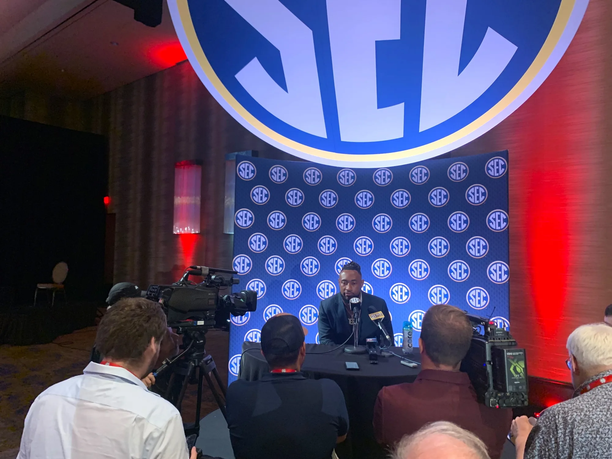 South Carolina's Debo Williams, a potentially strong candidate for SEC Defensive Player of the Year, talks with members of the media during the Monday morning session at SEC Media Days at The Omni in Dallas. LSU coach Brian Kelly and South Carolina's Shane Beamer took their turns Monday morning; Ole Miss's Lane Kiffin and Vanderbilt's Clark Lea are set for Monday afternoon. (Photo by MITCH LUCAS - THE FOOTBALL BEAT)