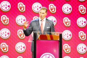 Oklahoma football coach Brent Venables addressed the crowd Tuesday at SEC Media Days at The Omni in Dallas. The Sooners and the Texas Longhorns both become official members of the conference this fall. Texas coach Steve Sarkisian gets his turn at the podium on Wednesday afternoon. (Photo by JENNA LUCAS - THE FOOTBALL BEAT)