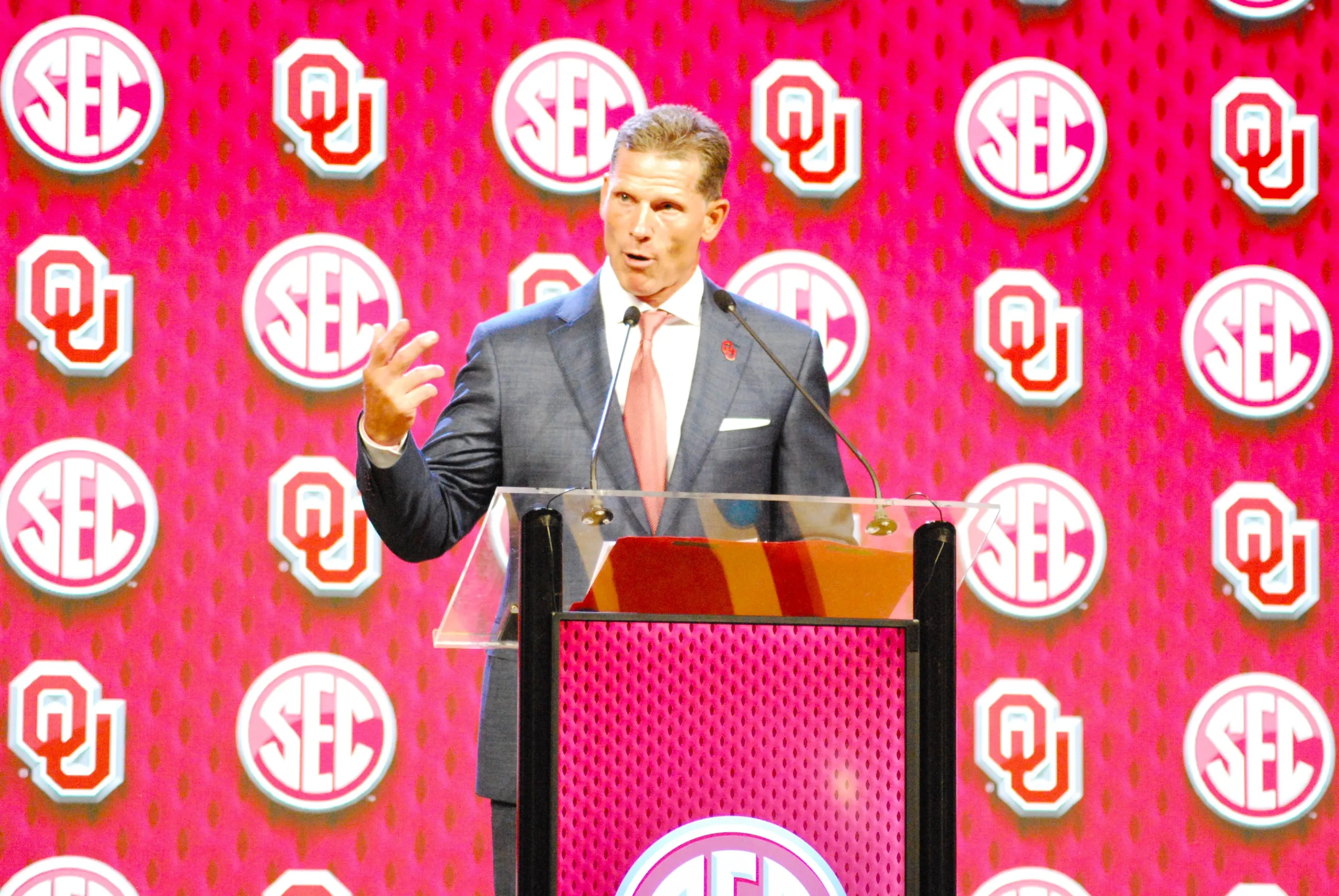 Oklahoma football coach Brent Venables addressed the crowd Tuesday at SEC Media Days at The Omni in Dallas. The Sooners and the Texas Longhorns both become official members of the conference this fall. Texas coach Steve Sarkisian gets his turn at the podium on Wednesday afternoon. (Photo by VIRGINIA HAGLER-LUCAS - THE FOOTBALL BEAT)