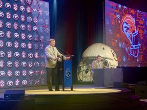 Georgia coach Kirby Smart addresses the crowd at SEC Media Days at the Omni in Dallas in July. Smart's Bulldogs will open the season ranked No. 1 in both the coaches' and Associated Press polls, after the AP Poll was released on Aug. 12. (Photo by VIRGINIA HAGLER-LUCAS - THE FOOTBALL BEAT)