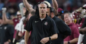 Florida State head coach Mike Norvell will guide the No. 10 Seminoles in an ACC game right off the bat, this Saturday at noon Eastern time from Dublin, Ireland against Georgia Tech. (Photo courtesy of FANBUZZ.COM)