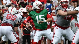 Nebraska on Wednesday named true freshman Dylan Raiola (above, 15) its starting quarterback for its season opener. (Photo courtesy of CBS SPORTS)