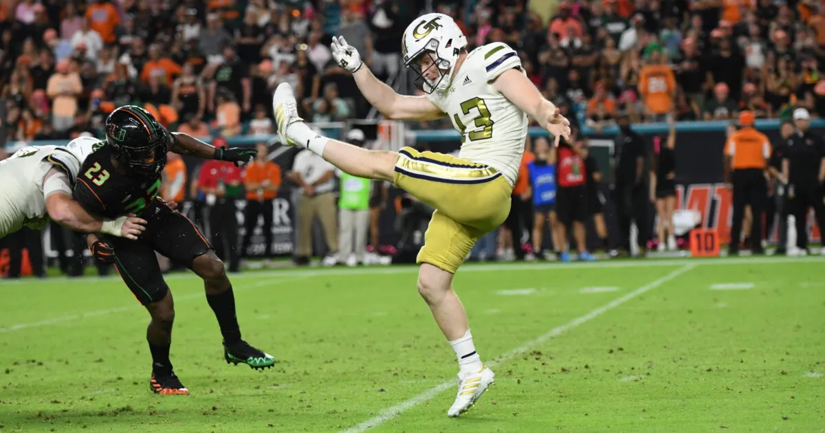 Georgia Tech punter David Shanahan (43) returns home to native Ireland on Saturday when he and the Yellow Jackets face ACC rival Florida State, a noon ET kickoff on ESPN. (Photo courtesy of BVMSPORTS.COM)