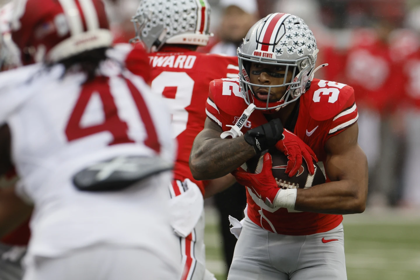 Ohio State running back TreVeon Henderson is pictured here against Indiana; Henderson scored on the play, and helped the Buckeyes to an eventual 38-15 win. (Photo by JAY LaPRETE, courtesy of THE ASSOCIATED PRESS)